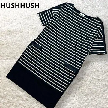 HUSHHUSH 원피스 반팔 보더 무늬 블랙 L 월드 백 무지