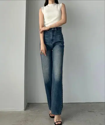 Louere 하이웨스트 스트레이트 데님 라이트 블루