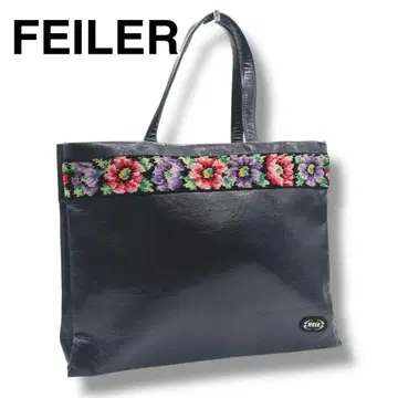 컨디션 최상 FEILER 페이러 가죽 꽃무늬 자수 토트백 블랙