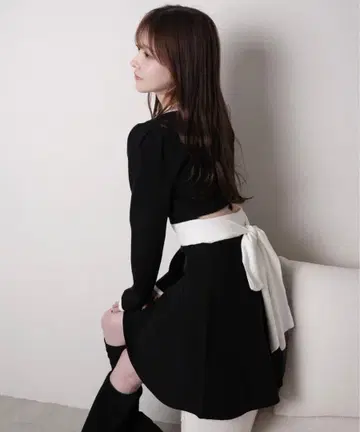 [ 택 포함 미사용 새상품 ] 백리본 바이컬러 플레어 원피스