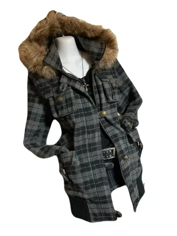 y2k 헤이세이 갸루 2way 퍼 체크 자켓 코트