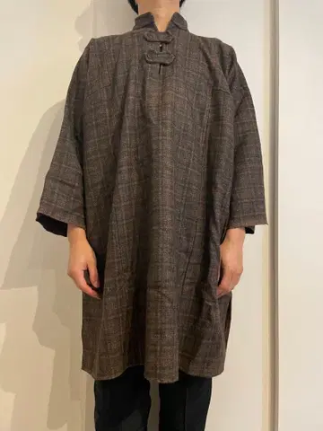 구제 의류_브라운 계열 체크 차이나 칼라 셔츠