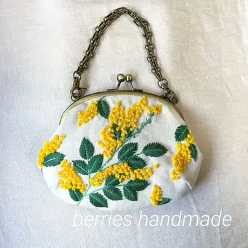 자수 가마구치 파우치 활짝 핀 미모사 핸드메이드