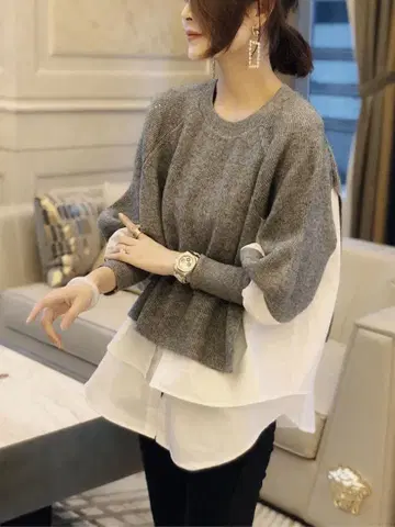 레이어드 디자인 니트 스웨터 그레이