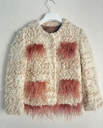 [ 새상품급 ] AINEA 아이네아 노카라 트위드 퍼 자켓 베이지 핑크