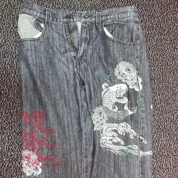 자수 디자인 다크 그레이 데님 팬츠