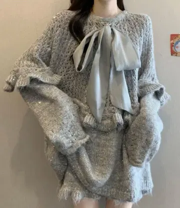 프론트 리본 키라키라 니트 풀오버 + 키라키라 니트 스커트