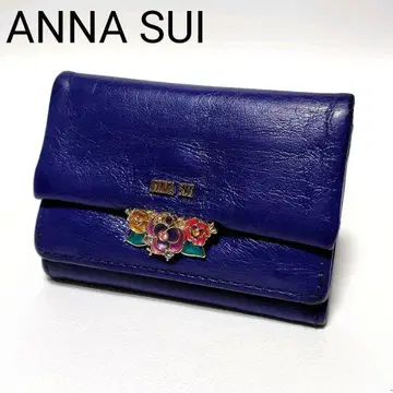 ANNA SUI 접이식 지갑 블루 주얼 플라워 가죽 금장 로고