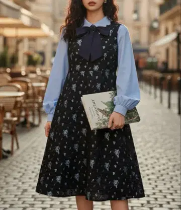 쿠오세 KUOSE S F 스카이블루 리본 블라우스 원피스 꽃무늬 세트