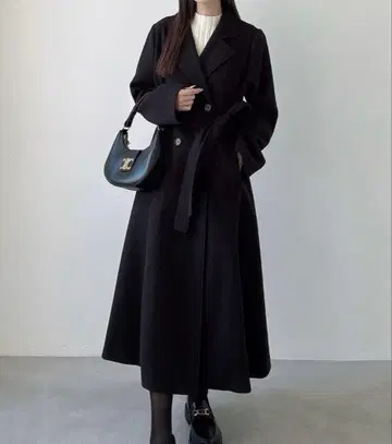 Meiru 더블 버튼 플레어 롱 체스터 코트 블랙 S 사이즈