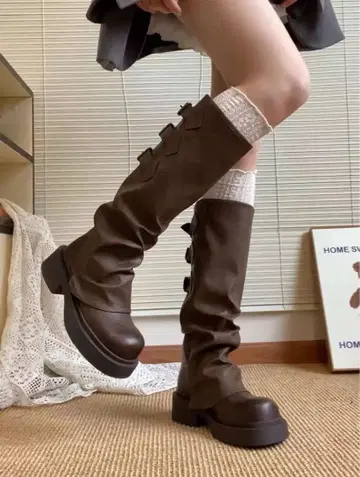 브라운 통굽 롱 부츠