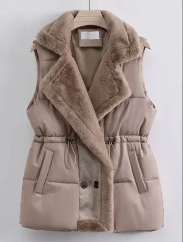 인조 모피 포함 다운 베스트 베이지