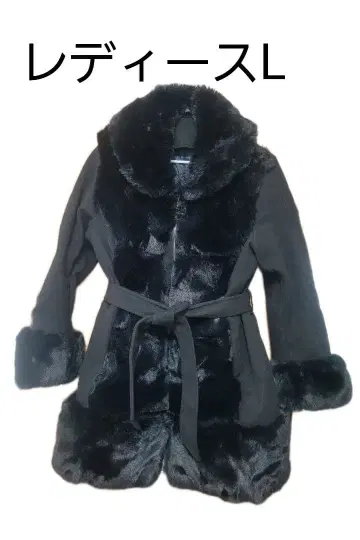 여성용 블랙 퍼 옷깃 롱 코트 L