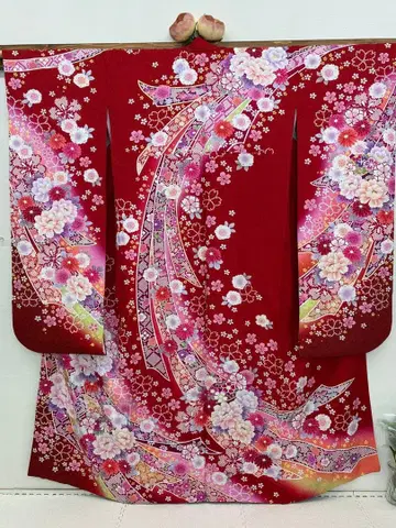 성인식 순수 실크 후리소데 단품 9003 주홍색 꽃무늬 초특가!