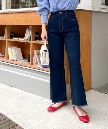 petitle 작은 키를 위한 밑단 프린지 스트레이트 데님