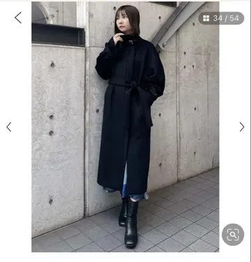 MURUA 스탠드 카라 울 혼방 롱 코트 블랙