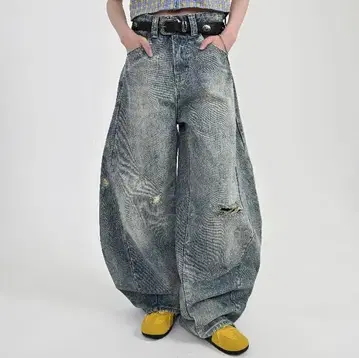 L2079 M 사이즈 캐주얼 데미지 벌룬 데님 지저인 ONLINE