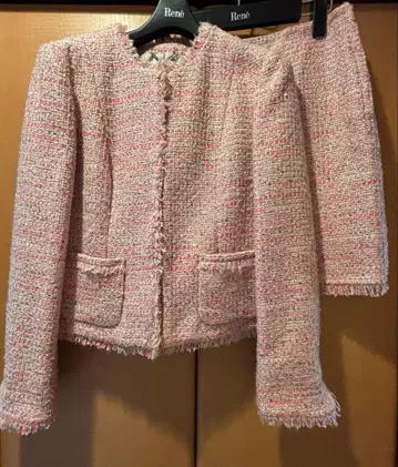 23구 린톤 트위드 노카라 자켓과 사다리꼴 스커트 핑크 컨디션 최상