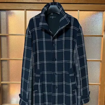 네이비 화이트 체크 스탠드 카라 코트 L