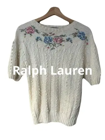 랄프 로렌 아이보리 꽃무늬 자수 반팔 니트 스웨터