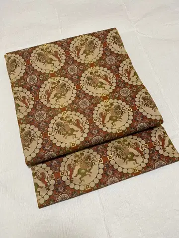 열림 나고야 오비 순수 실크 사자 사냥 문양 비단 올 패턴