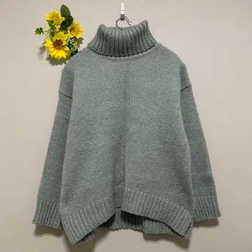 터틀넥 니트 오버 사이즈 긴팔 사이드 슬릿 여성용 블루