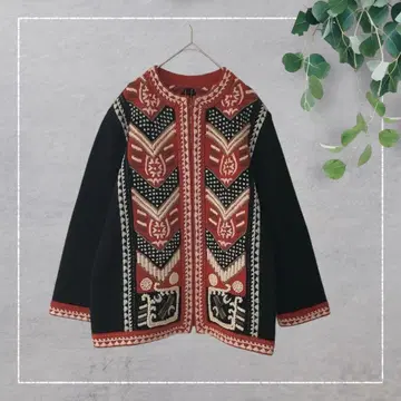 에스닉 패턴 자수 집업 니트 자켓 블랙 레드 올 패턴 민족 패턴