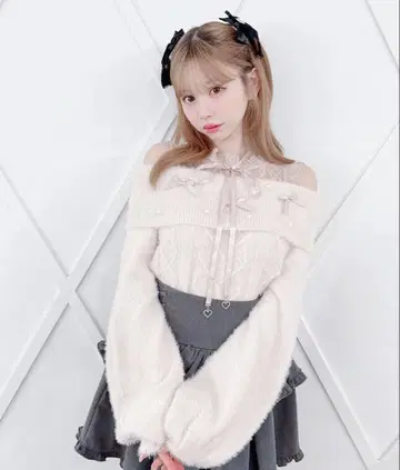 완판템 MA*RS 리본&펄 케이블 오프숄더 니트 핑크