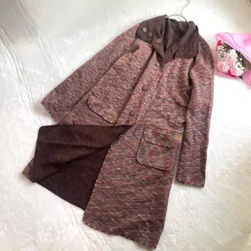 리버서블 롱 코트 니트 브라운 멀티 컬러 브라운