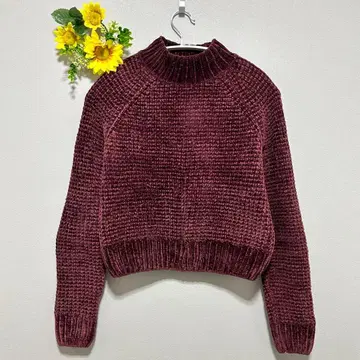 H&M DIVIDED 하이넥 니트 긴팔 크롭 버건디