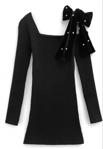 원숄더 펄 리본 니트 미니 원피스