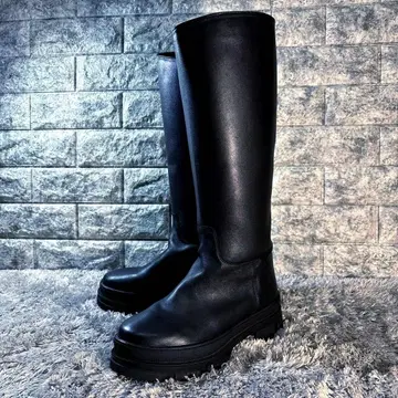 새상품급 REMME 레메 가죽 롱 부츠 통굽 37 23.5cm 블랙