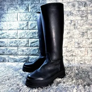 새상품급 REMME 레메 가죽 롱 부츠 통굽 37 23.5cm 블랙