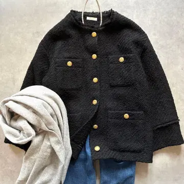 라운지 드레스 노카라 트위드 자켓 골드 버튼 오버 사이즈 블랙