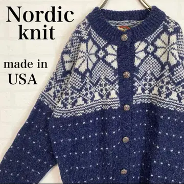 used USA제 노르딕 무늬 니트 가디건 메탈 버튼 울 네이비