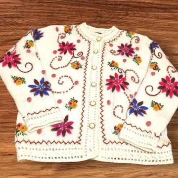 새상품급 자수 비즈 빈티지 모헤어 가디건 안감 부착