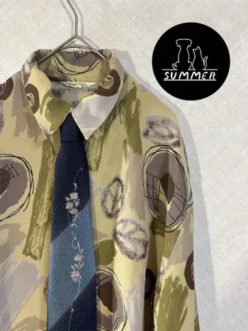 구제 의류 summer 넥타이 셔츠 올 패턴 기하학 패턴 쇼와 레트로