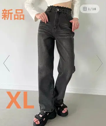 JUNOAH 블랙 데님 팬츠 레이스 허리