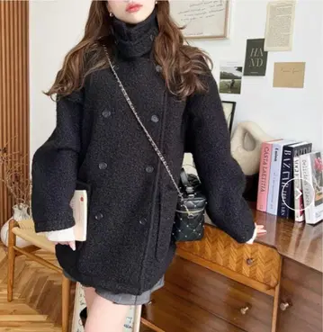 moment+ 페이크 링 울 2WAY 어레인지 칼라 P 코트 블랙