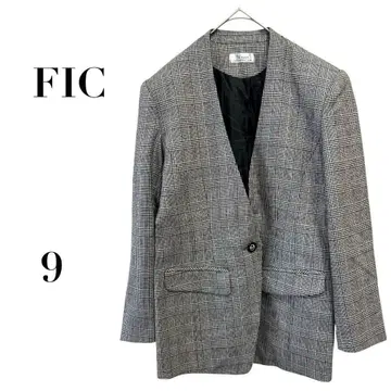 픽 체크 무늬 노카라 자켓 그레이 9호 울 100% 고급