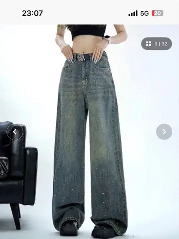 비즈 부착 다크 블루 와이드 레그 데님