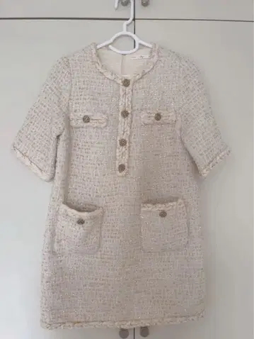 왕홍풍 아이보리 트위드 드레스 반팔 포켓 부착 엘레강스 스타일