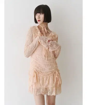 jouetie 페일 핑크 레이스 미니 드레스