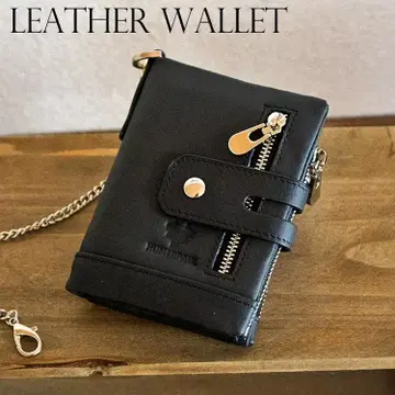 천연 가죽 지갑 남성용 이단 접이식 카드가 많이 들어가는 레어 BLACK