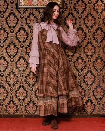 axesfemme 타탄 체크 점프 스커트 & 리본 베레모 세트 브라운