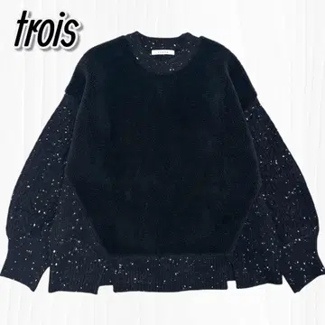 trois 보아 절개 니트 풀오버 니트 블랙