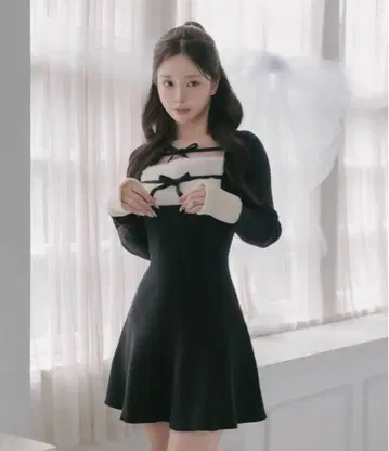 Darich 리본 퍼 플레어 니트 미니 원피스 FL