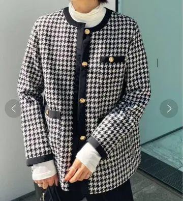 OPAQUE.CLIP 트위드 노카라 자켓 하운드투스 체크 패턴