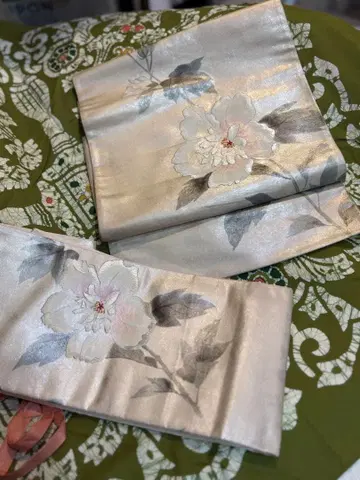 나고야 오비 실버 꽃무늬 자수