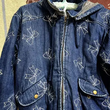 리본 무늬 자수 데님 자켓 구제 빈티지 팬시